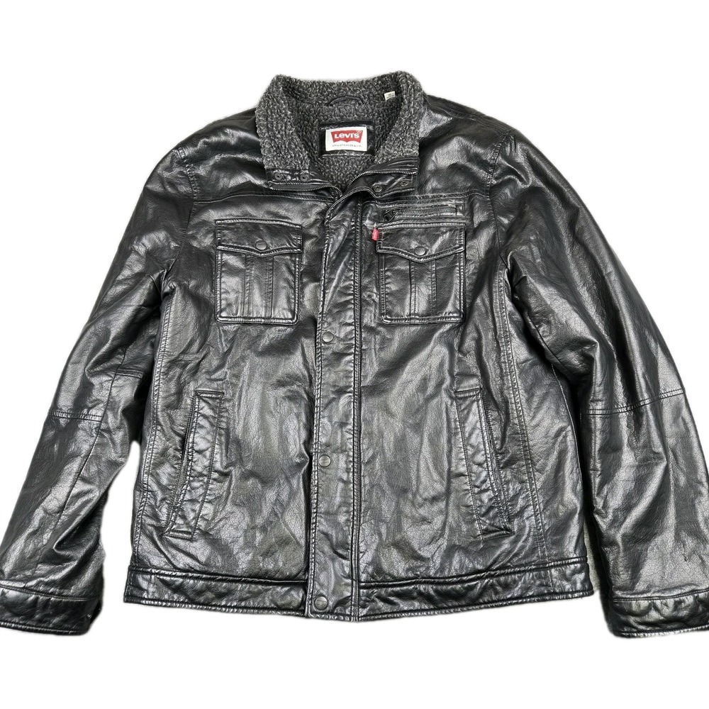 Levi's Faux Leather Sherpa Fleece Lined Bomber Jacket Mens Size XL Black Biker